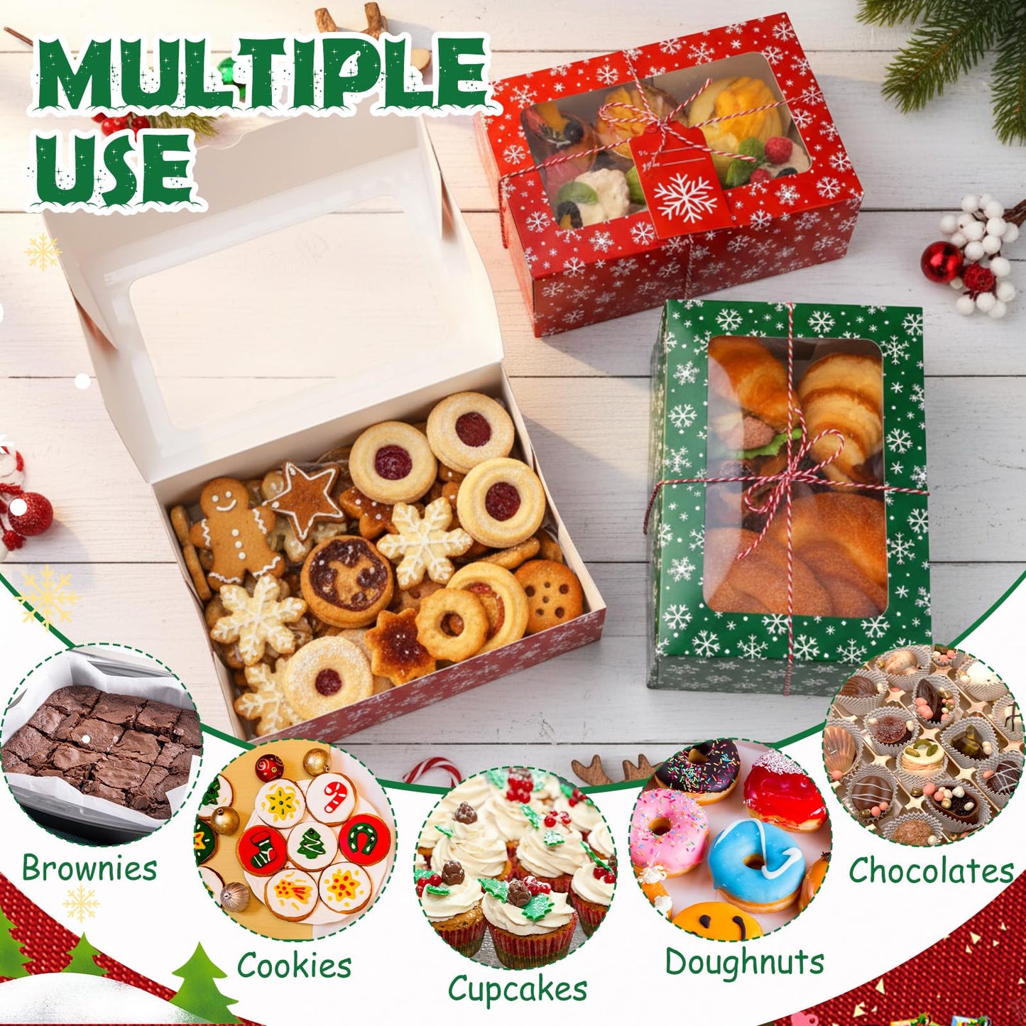 Glenmal 24 Pcs Christmas Cookie Boxes with Window 9 x 6 x 3 Inch Red Green Xmas Snowflakes Bakery Treat Container with Tag String for Holiday Gift Giving Pastries Candy Cupcake Dessert Party Supplies