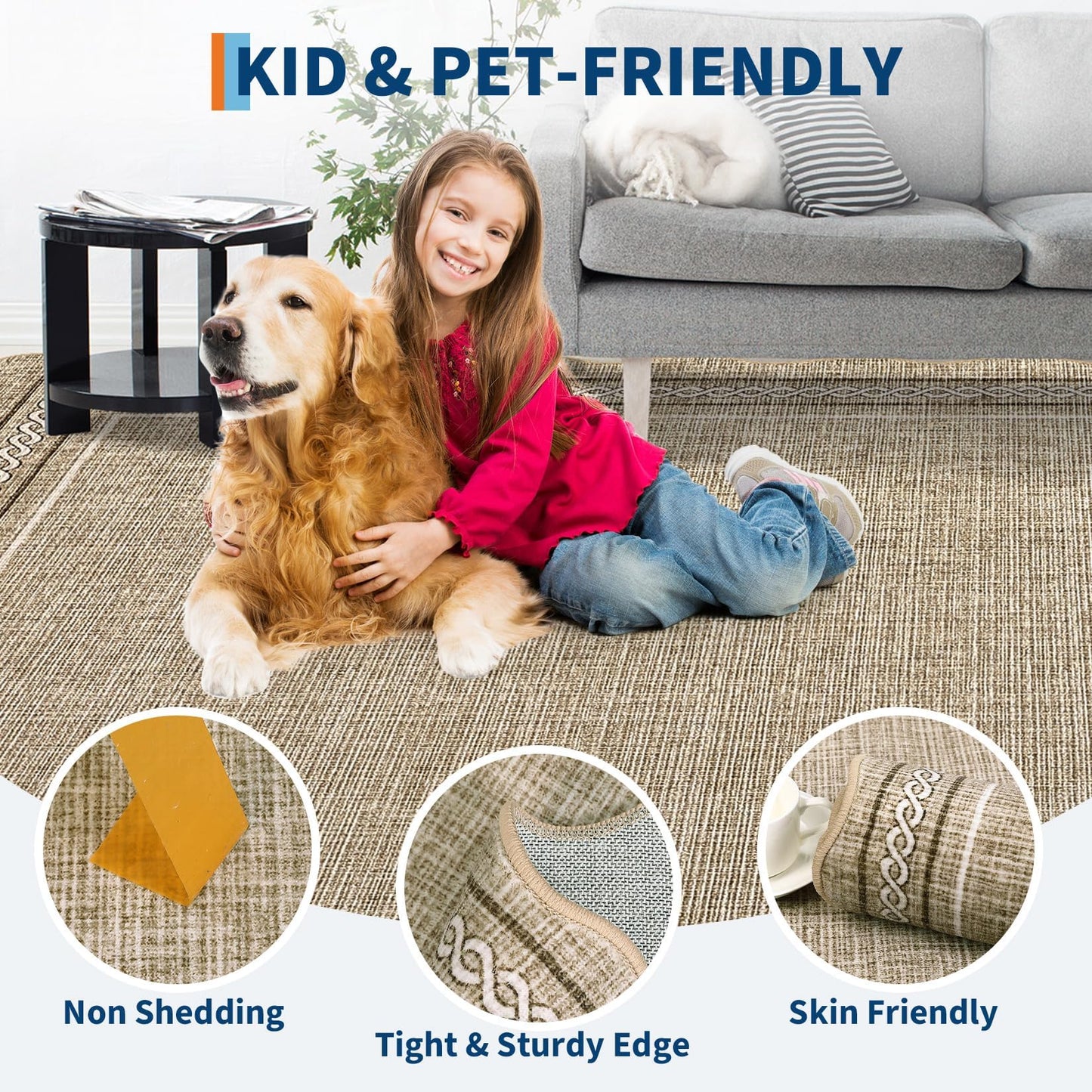 Garvee Scalloped Washable 5x7 Area Rugs for Living Room, Non Slip Neutral Bordered Soft Non Shedding Bedroom Rugs Foldable Low Pile Stain Resistant Carpet for Playroom Nursery Dining Room, Jute Color