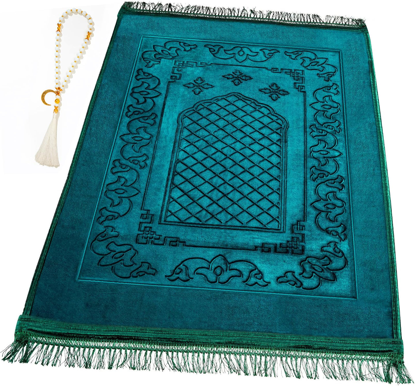 YAZEIN Muslim Prayer Rug with Tasbih Prayer Beads, Soft Large Prayer Matt Islam, Padded Islamic Prayer Mat Thick for Men and Women, Janamaz, Sajadah (Green)