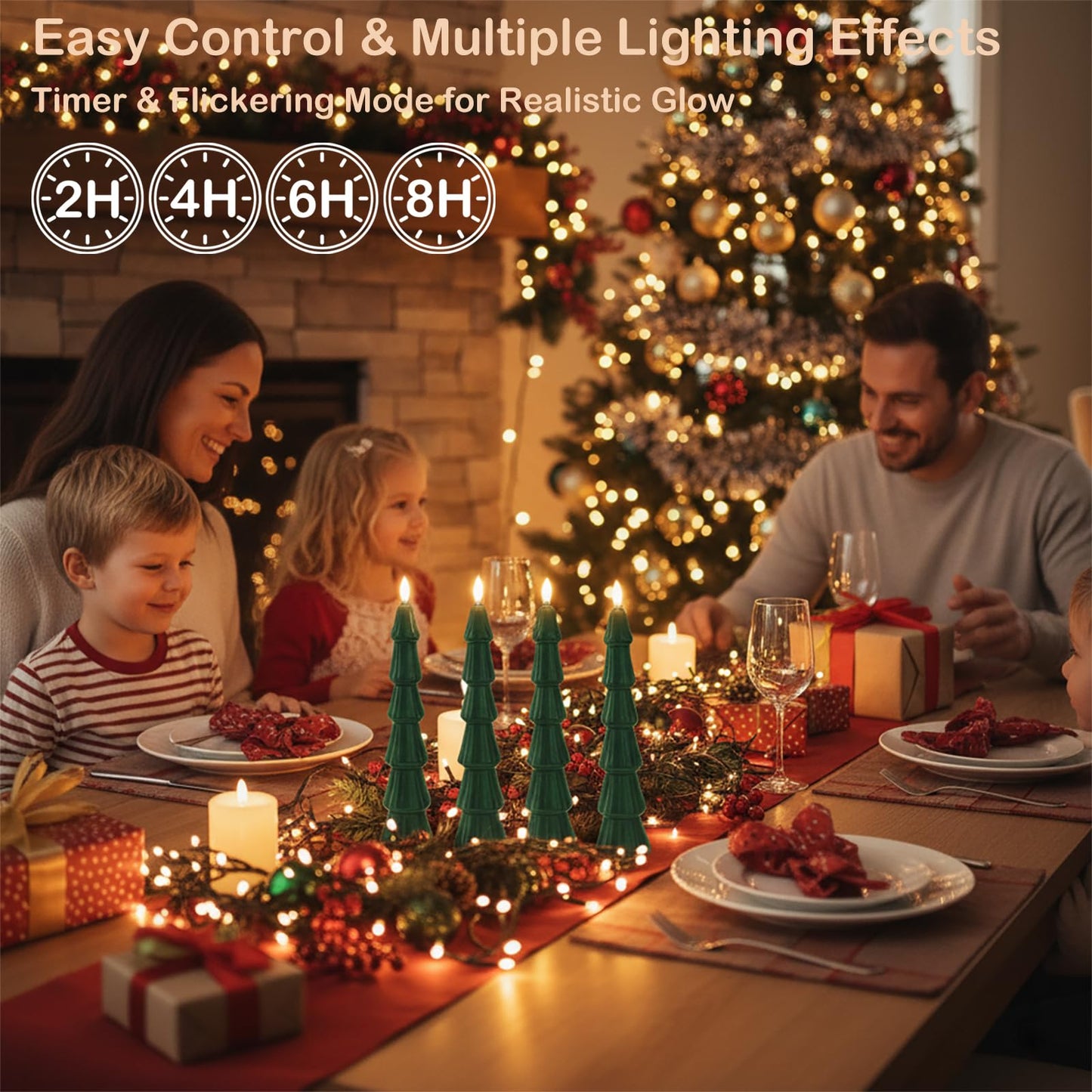 FYBW Christmas Tree Flameless Taper Candles with 10-Key Remote Timer,4 Pcs Green LED Taper Candles with 3D Flame for Holiday Decorations(Green-C)