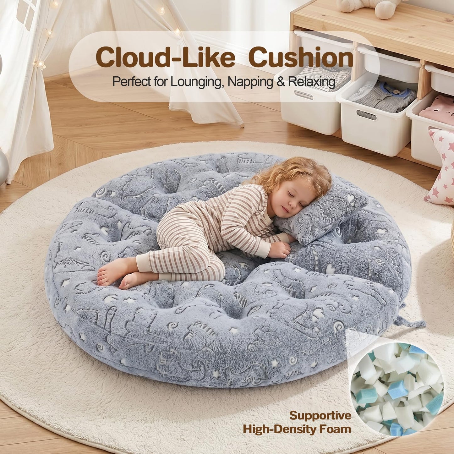 blue page Circle Kids Play Mat 5.9 in Thick, 5-in-1 Comfy Padded Playmat for Ages 3+, Glowing Round Floor Rug for Nursery Playroom Reading Corner, 47x47 in Grey Dinosaur