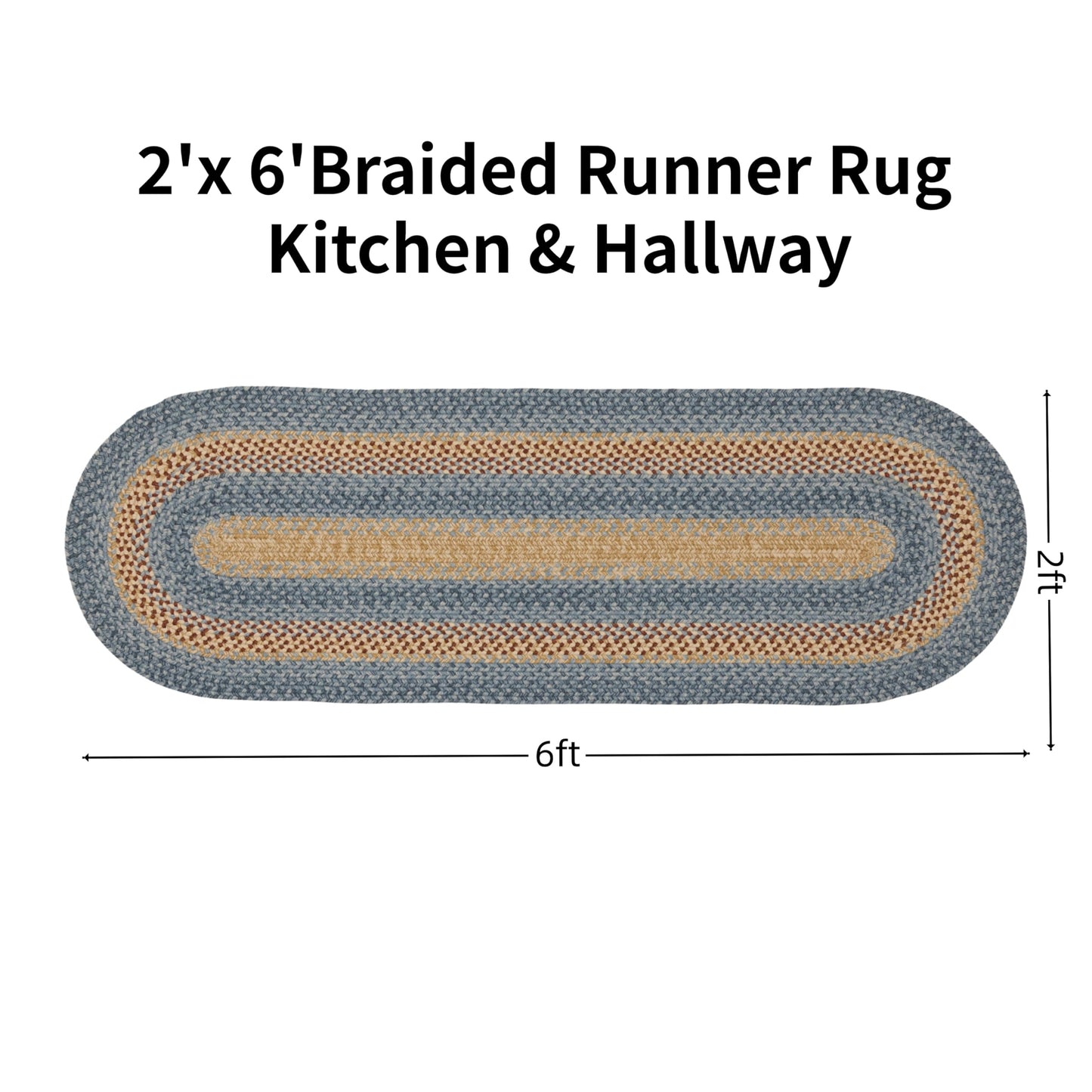 RCTJHOME 2'x6' Oval Braided Runner Rug, Long Hallway & Kitchen Farmhouse Rug, Door Mat with Anti-Slip Pads for High Traffic Areas Without Rubber Rope Rug,Natural, Rust, Blue