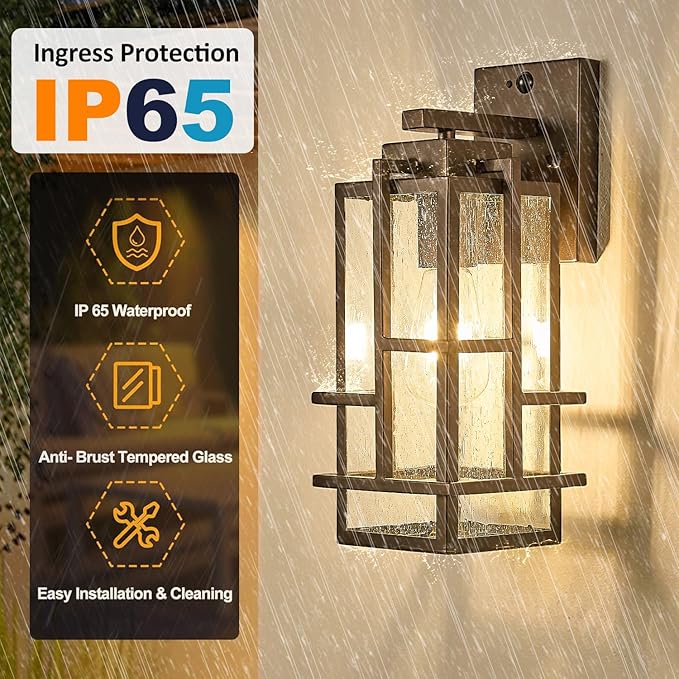 Motion Sensor Outdoor Wall Light Fixture, Dusk to Dawn Porch Light Oil Rubbed Bronze Exterior Lighting with Seeded Tempered Glass, Waterproof Outside Wall Mount Coach Lamp for House, Patio, Garage