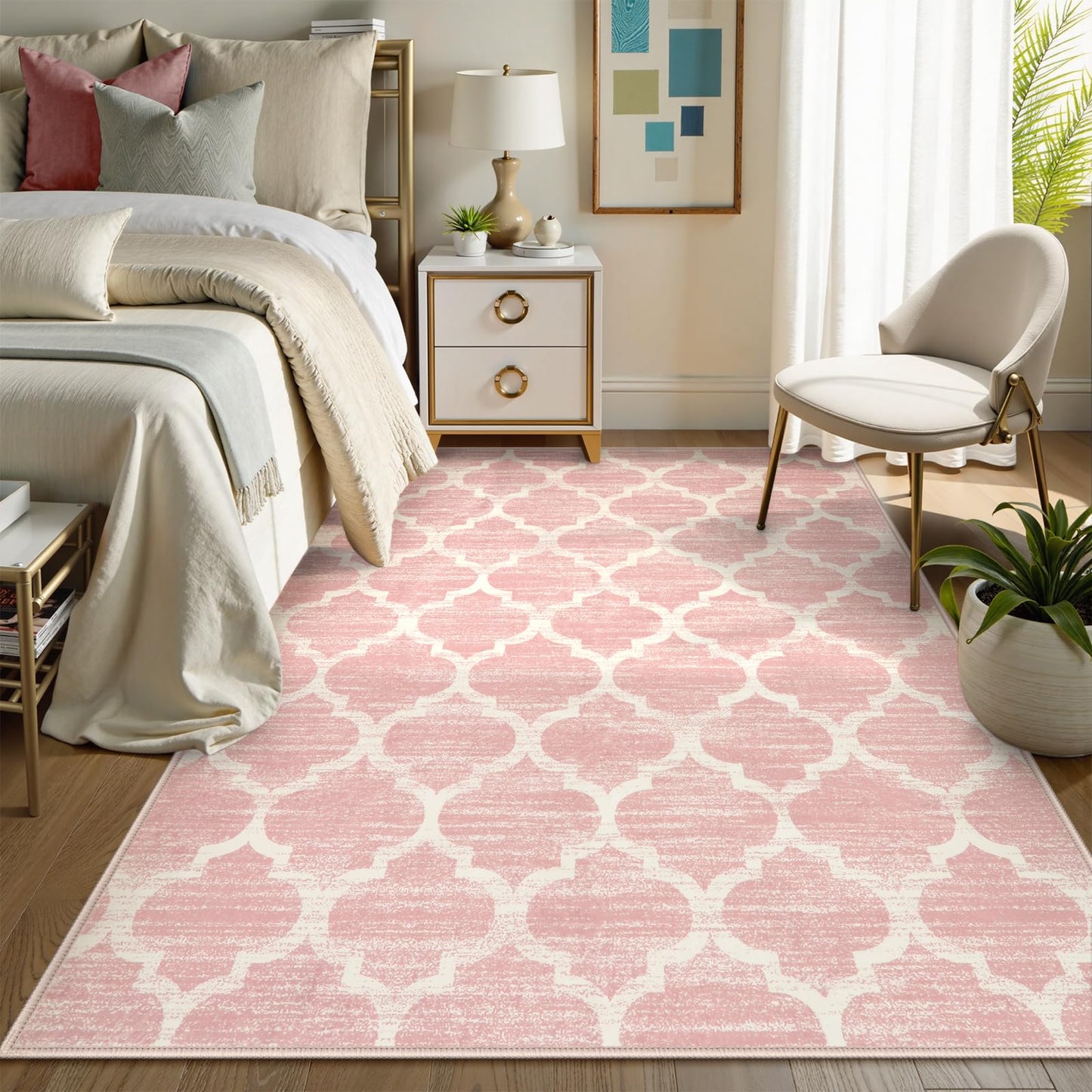 Lahome Nursery Rug 5x7 Area Rugs for Living Room,Washable Pink Rugs for Bedroom Girls,Soft Low-Pile Indoor Floor Boho Carpet for Kids Playroom Dorm Meline