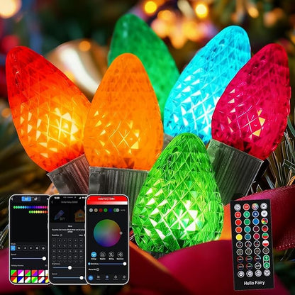 Smart C9 Christmas Lights Outdoor, 82FT 100 LED RGB with Remote,App Bluetooth Music Sync, DIY Scenes & Timers, Connectable to 198FT, IP44 Waterproof Roofline Eaves Porch Fence Decorations