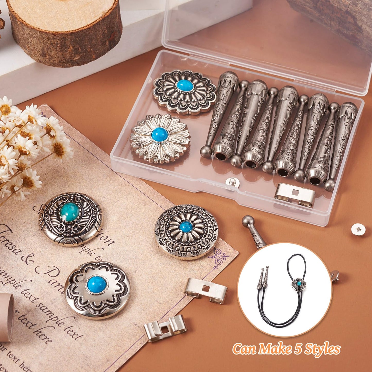 Pandahall 20Pcs Bolo Tie Slider Clasp Kit Alloy Turquoise Buttons Leather Necktie Bolo Tie Tips Replacement End Caps Bolo Tie Slide Clasp for Bracelet Jewelry Making DIY Craft Wallet Bag