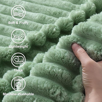 decorUhome Soft Fleece Sage Green Twin Blanket for Bed, Cozy Fluffy Plush Flannel Striped Throws for Couch Sofa, Lightweight Decorative Ribbed Fuzzy Blanket for Woman, 60x80 Inches