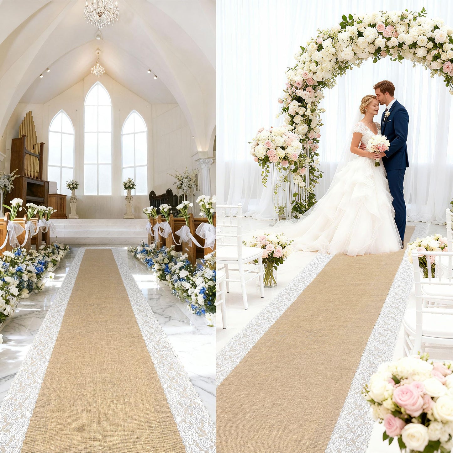GoldenXin 3ft x 30 ft Natural Burlap Wedding Aisle Runner,Outdoor for Wedding Ceremony with Lace Jute Rustic Burlap Decorations Beach Garden Church Reception Craft Decor