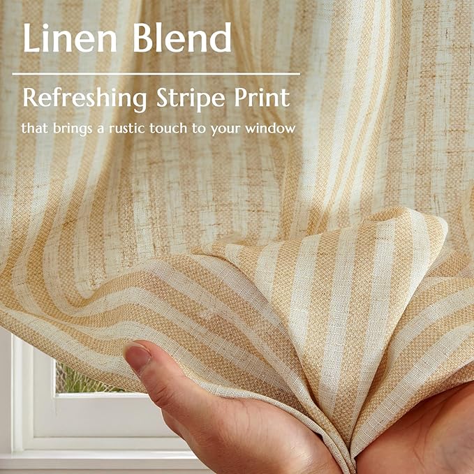 jinchan Striped Linen Kitchen Curtains 45 Inches Length Tier Curtains Farmhouse Modern Cafe Style Small Window Treatments Airy Light Filtering Rod Pocket for Living Room Bathroom 2 Panels Beige