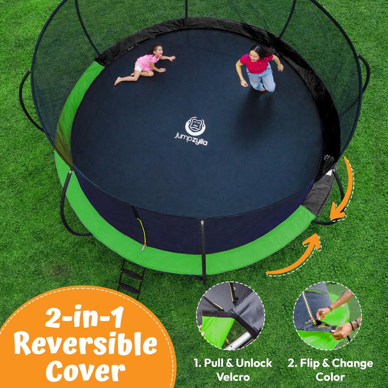 JUMPZYLLA Trampoline Outdoor 8FT 10FT 12FT 14FT 15FT 16FT with Enclosure and Ladder, ASTM Approved Recreational Trampoline for Kids and Adults, Anti-Rust Coated Frame (Green, 8FT)
