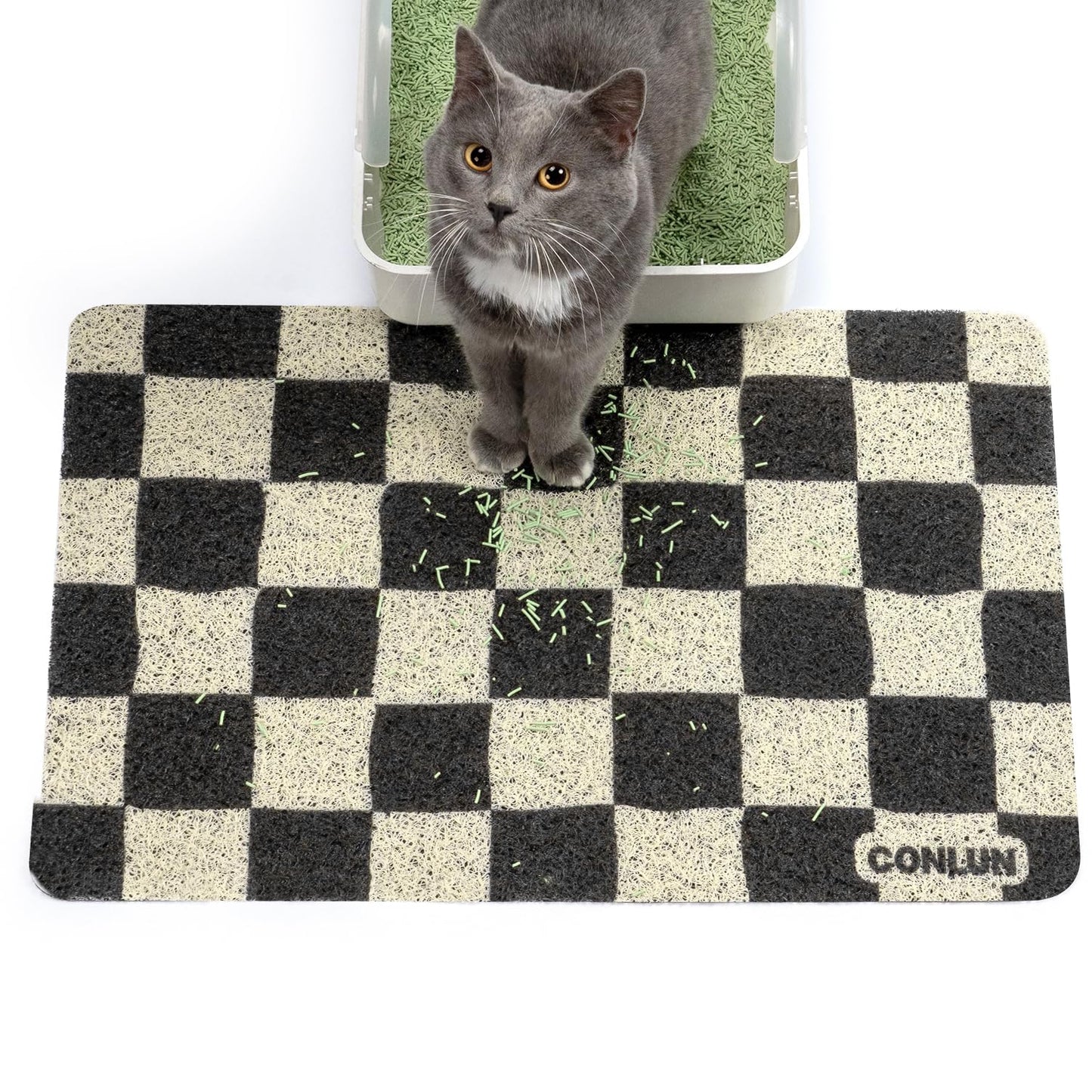 Conlun Cat Litter Mat Litter Trapping Mat, Premium Durable PVC Cute Cat Litter Box Mat, Non-Slip, Less Waste Kitty Litter Mat, Soft on Kitty’s Paws, 24”x 17” cat matts for litter, Chessboard