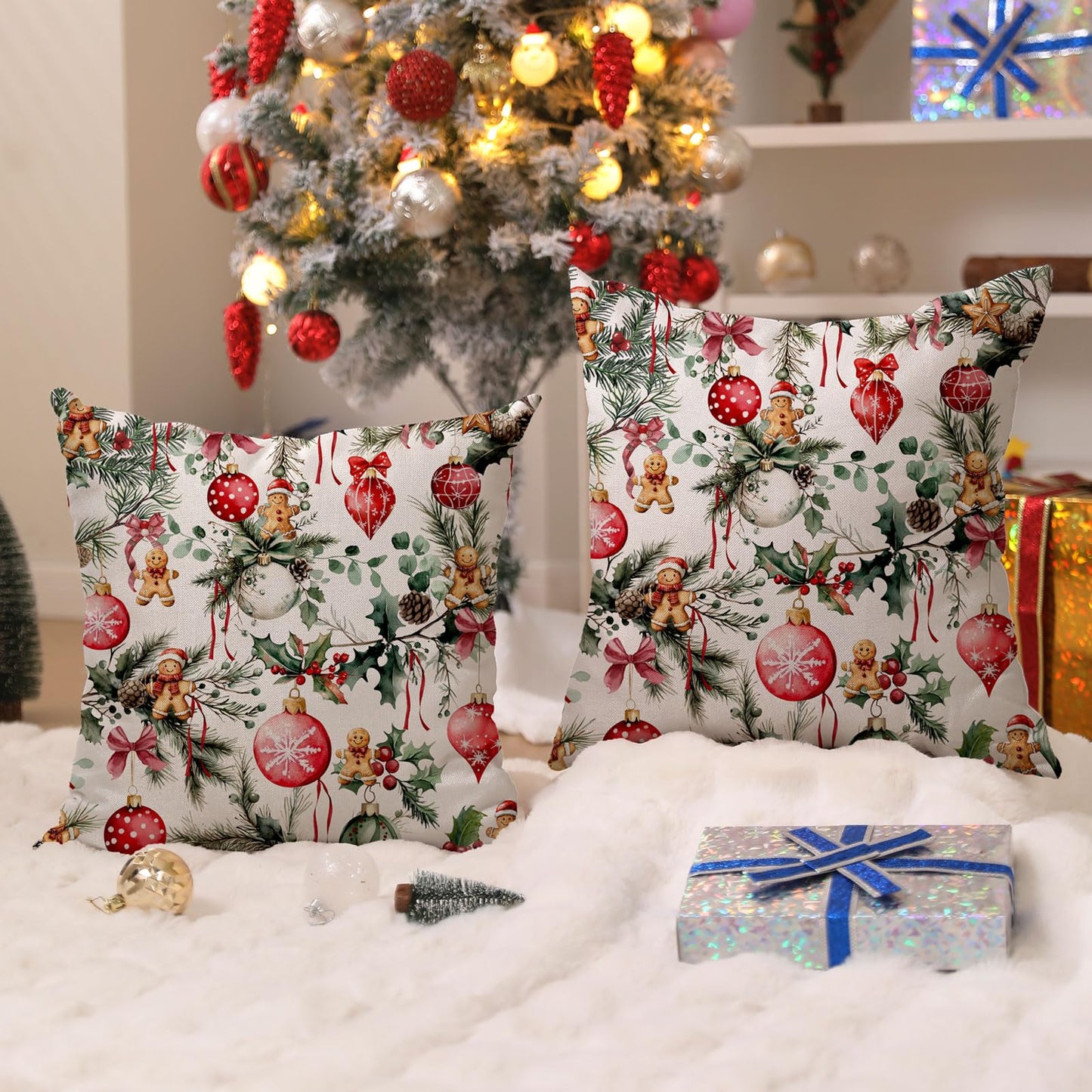 DFXSZ Christmas Pillow Covers 18x18 Inch Set of 2 Pine Branches with Pine Cones Xmas Balls Decorative White Throw Pillows Winter Christmas Decor for Home Couch ST025A18