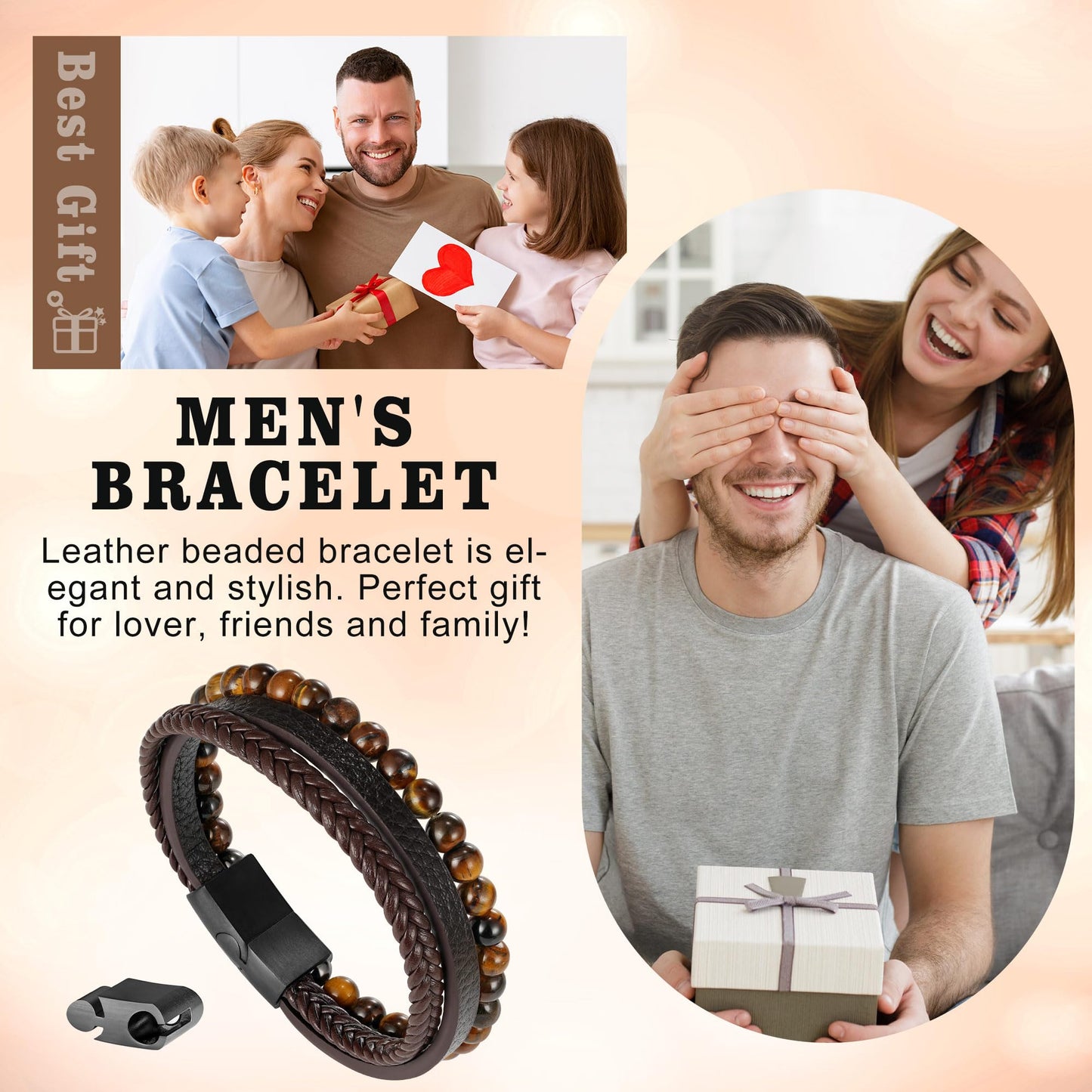 Ailetop Tiger Eye Bracelet Men - Mens Bracelets Beads Adjustable Braided Leather Bracelet for Men Brown Leather Mens Beaded Bracelets Men's Jewelry Birthday Gifts for Dad Husband Son