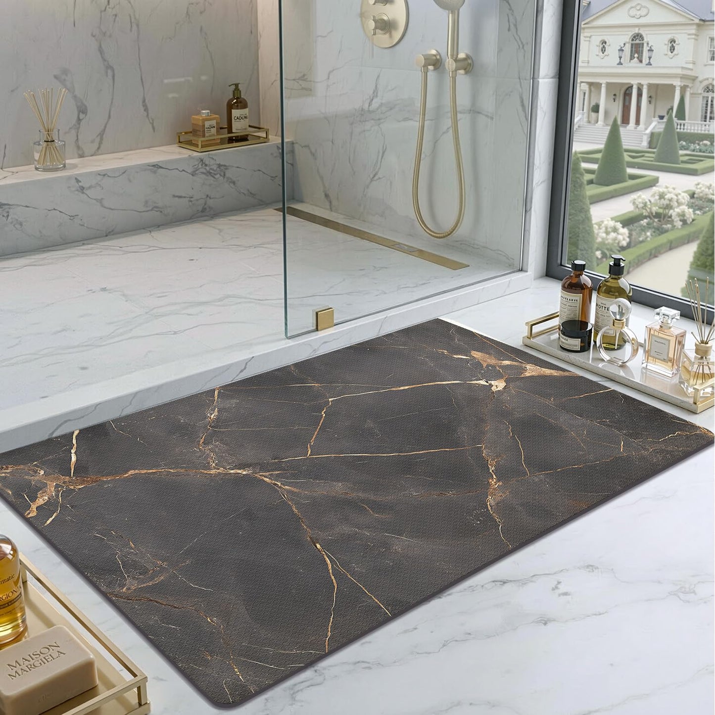 Color&Geometry Ultra Thin Bathroom Rugs Non Slip,Absorbent Quick Dry Bath Mats for Bathroom,Thin Bath Rugs Washable with Rubber Backing Fit Under Door Outside Shower,Gold-Veined Marble,24"x36"