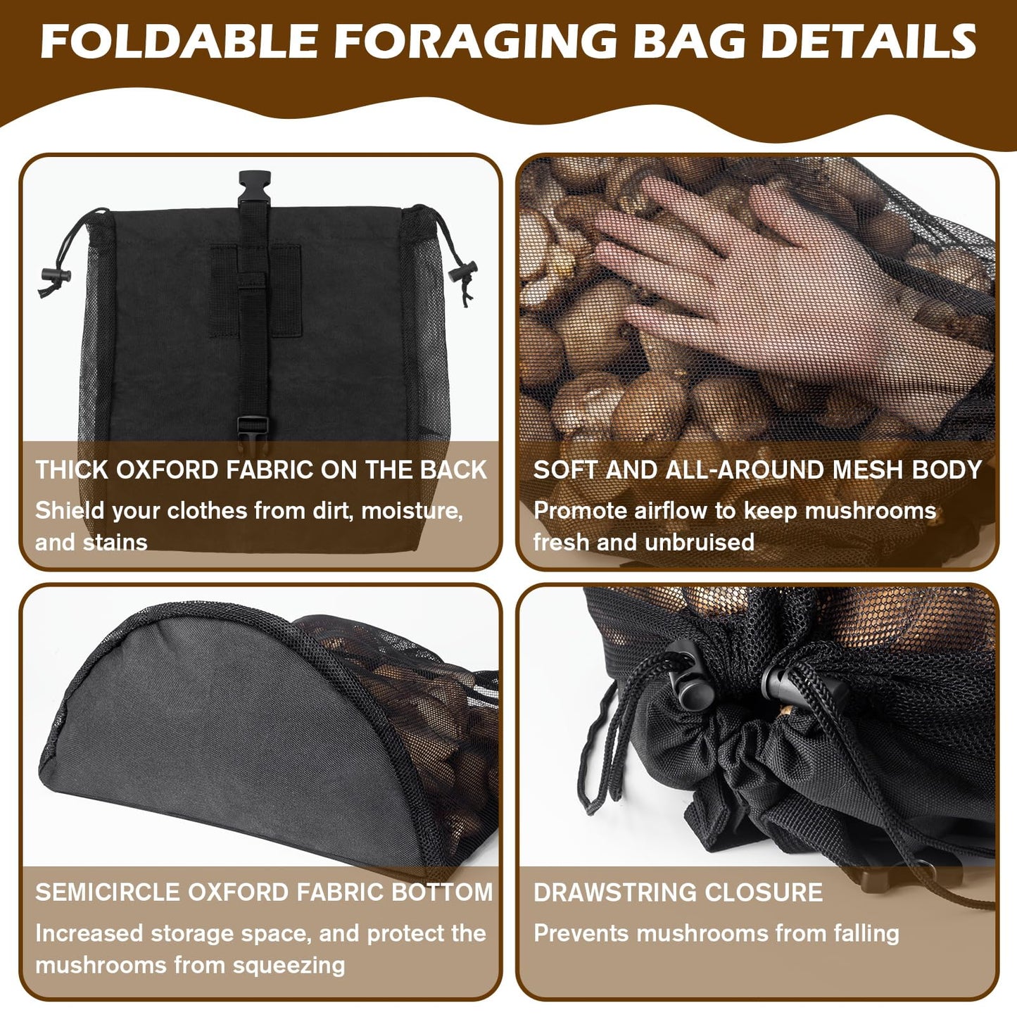 ProtectHobby Mushroom Foraging Bag Kit with Adjustable Waistband - 2 Folding Mesh Bags & Leather Tool Pouch, Suitable for Collecting Mushroom and Berry Pickers