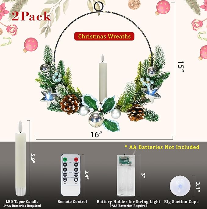 2Pack Christmas Wreaths for Front Door with Lights & Flickering LED Taper Candles & Remote, 16'' Windows Wreaths, Fireplace Christmas Decorations - Silver