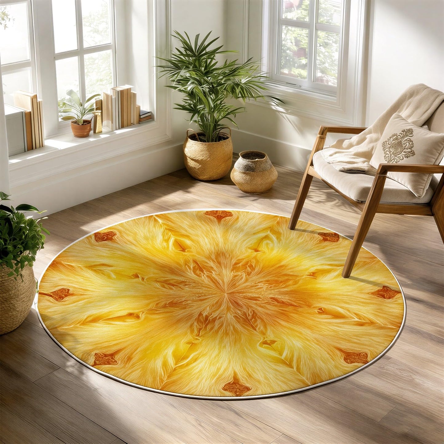 Round Rugs for Living Room, Bright Golden Yellow Circular Carpet with Abstract Sunburst Mandala Design, Washable Anti-Slip Soft Floor Mat, Indoor Home Decor Flower Rugs Under Coffee Table 4 ft