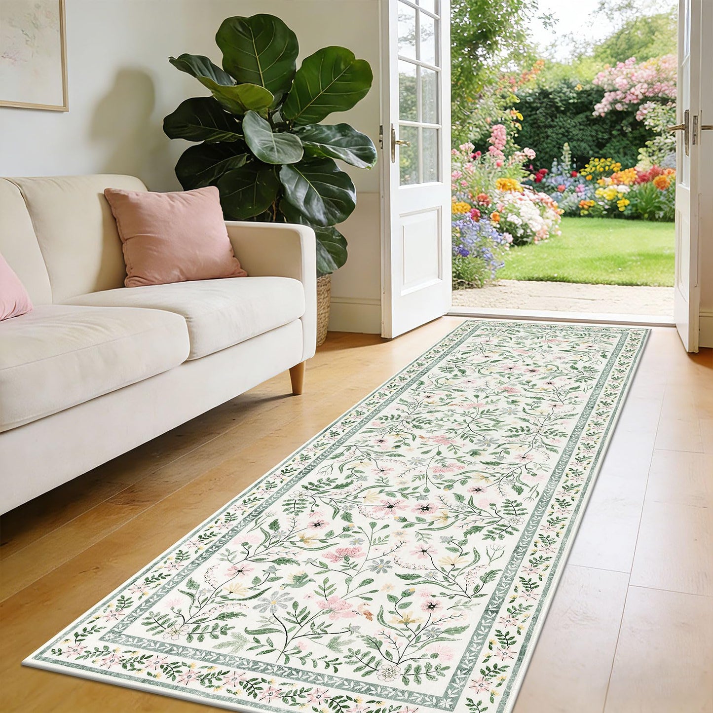 SHACOS Floral Runner Rug for Hallways, Non Slip 2'6"x8' Washable Boho Runner Rugs with Rubber Backing, Soft Floral Low-Pile Carpet for Laundry Kitchen Living Room Nursery Bedroom Indoor, Green
