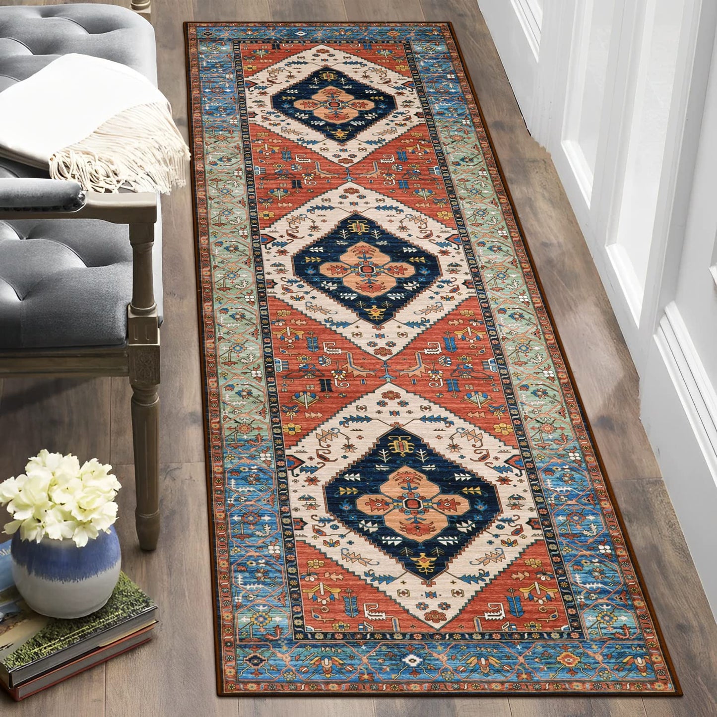 Lahome Boho 2x5 Hallway Runner Rug - Non-Slip Low-Pile Kitchen Washable Runner Oriental Distressed Throw Bathroom Rug Carpet for Entrance Bedroom Laundry Room Adelyn