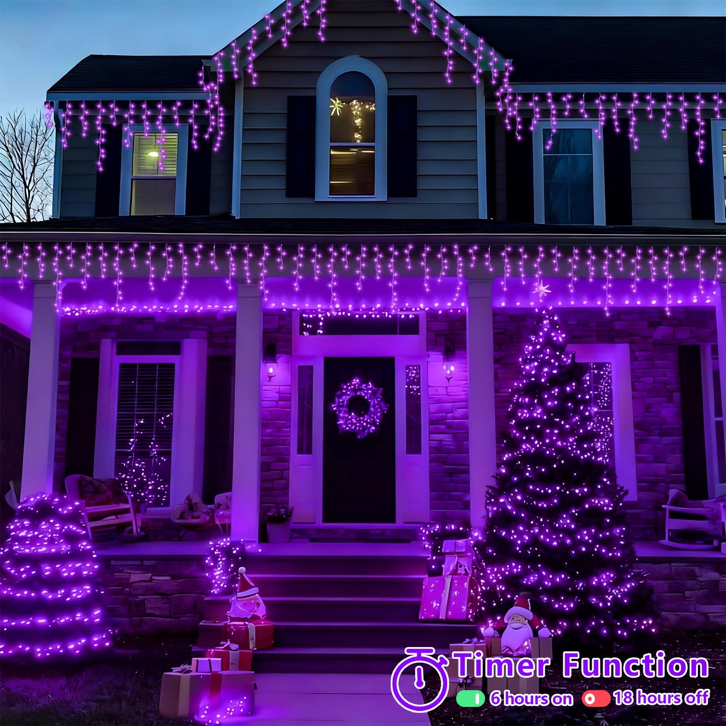 YEGUO 33ft 400 LED Purple Icicle Christmas Lights Outdoor Waterproof, 80 Drops Icicle Light Connectable, 8 Modes Christmas Lights Indoor with Memory Timer