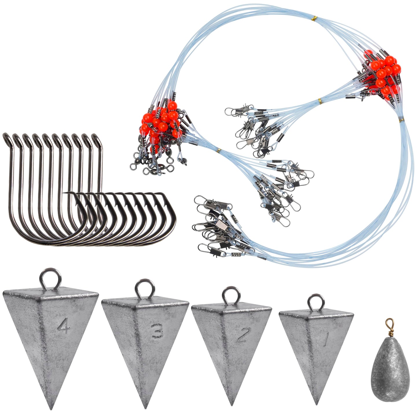 Saltwater Surf Fishing Tackle Kit - Saltwater Surf Fishing Rigs Bottom Rigs Include Fishing Leader Rigs Pyramid Sinkers Bass Casting Sinker Circle Hooks for Striped Bass Red Drum Flounder