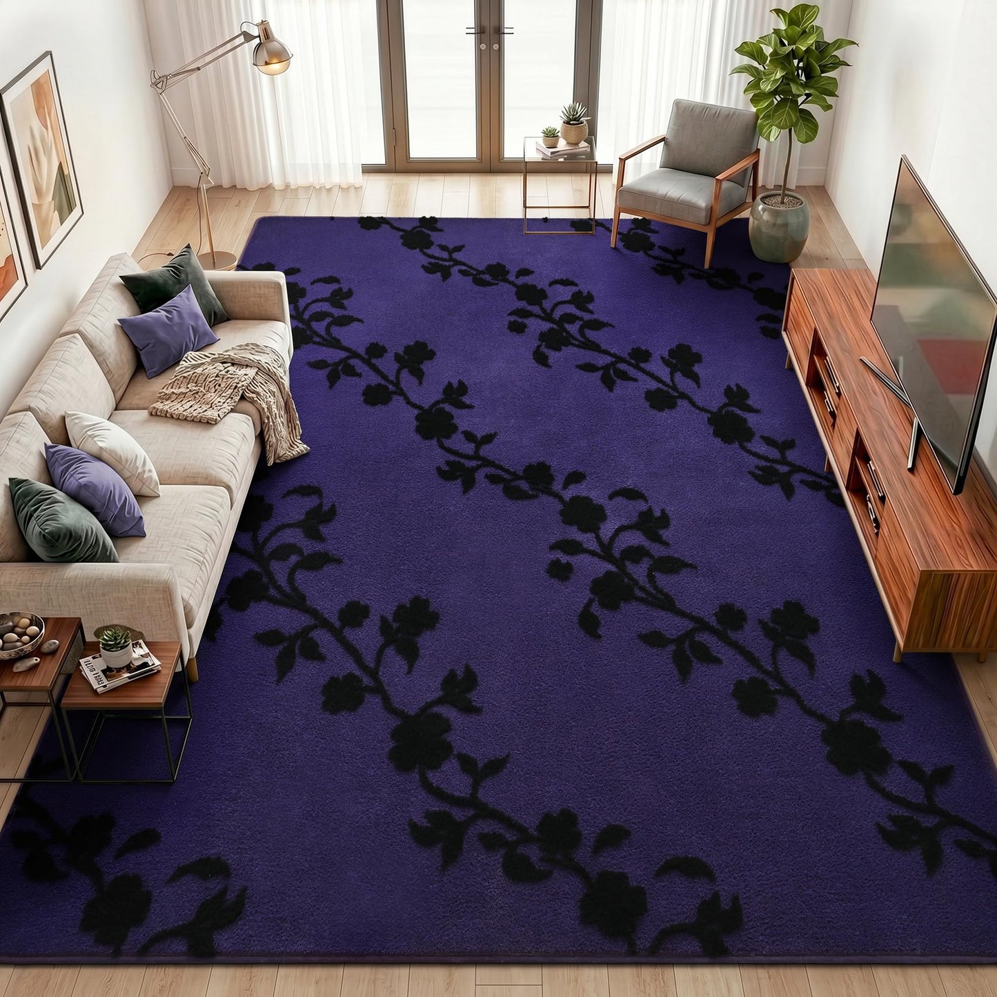 Opreine Area Rugs for Living Room Bedroom, 5x7 Feet Dark Purple Thickened Memory Foam Indoor Washable Rug, Black Flower Gothic Non-Slip Carpet for Girls Boys Padded Rugs Dorm Room Mat