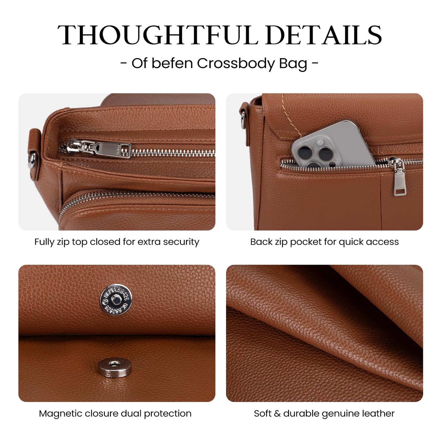 befen Genuine Leather Crossbody Purses for Women Anti Theft Medium Women's Saddle Bags Cross Body Purse with RFID Wallet for Travel Cognac Brown