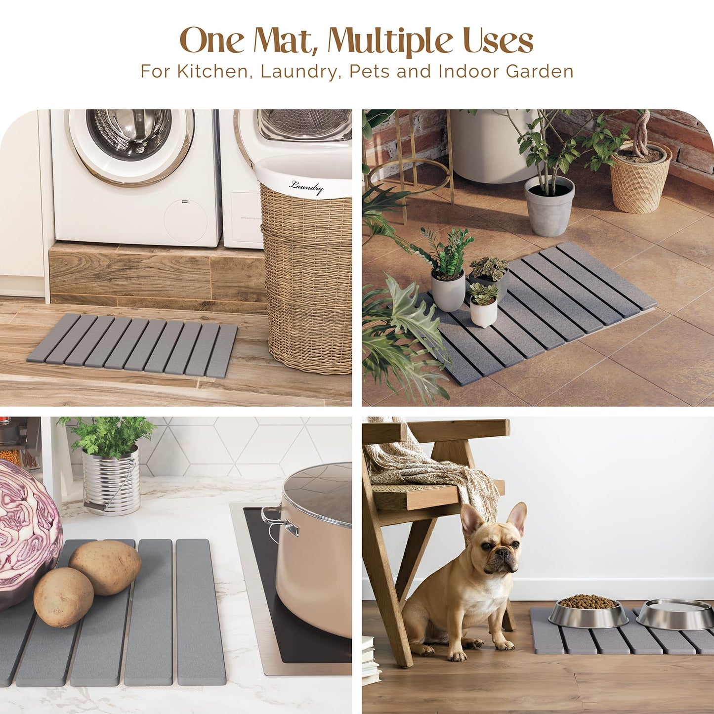 Stone Bath Mat for Bathroom – Roll-Up & Foldable | 23.62" x 15.75" | Quick Drying & Super Absorbent | Long Diatomite Stone Drying Mat for Kitchen| Non-Slip | Durable | Gray