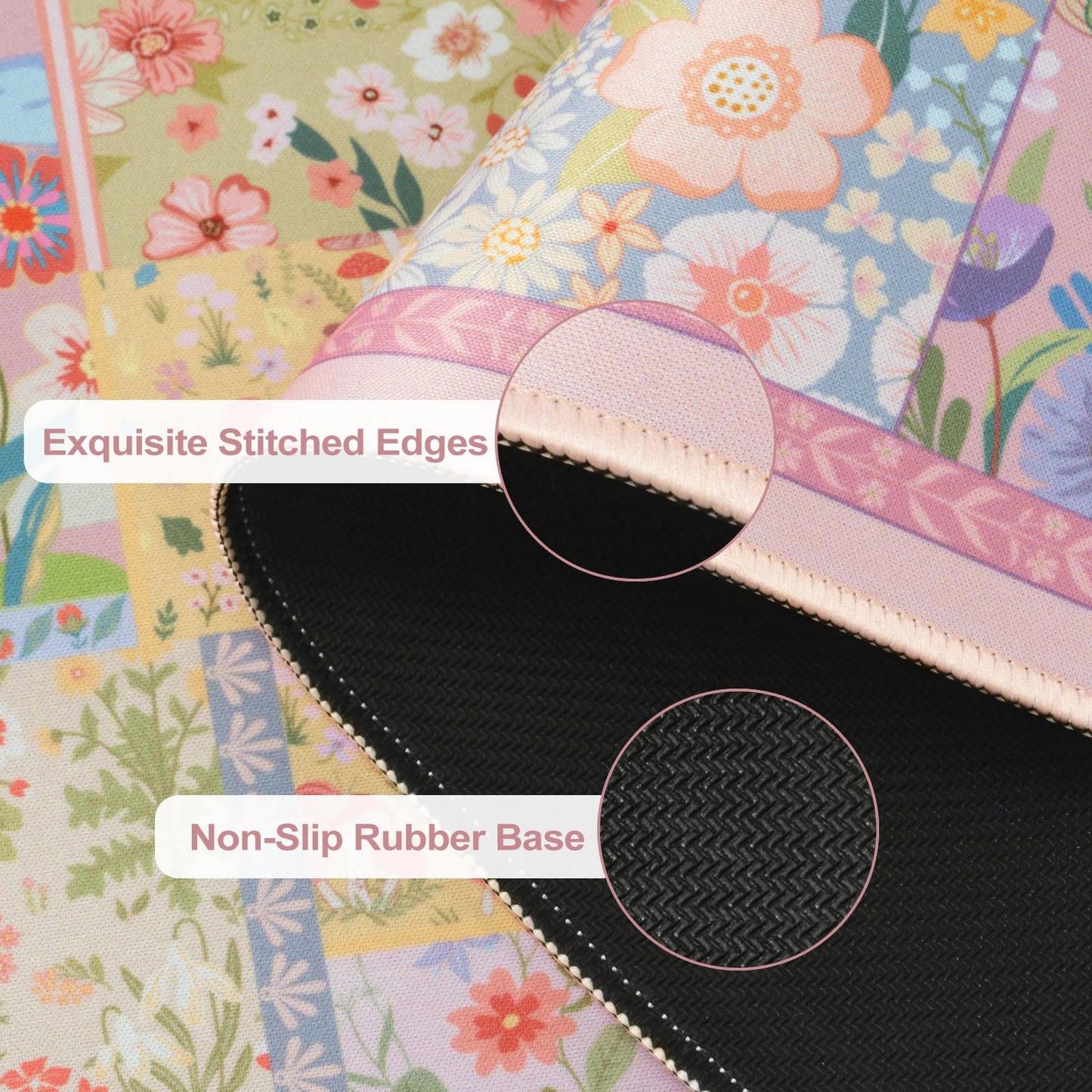 iCasso Pink Desk Mat for Keyboard and Mouse, Large Mouse Pad, Floral Desk Pad, Anti-Slip XXL Big Mousepad with Stitched Edges for Computer