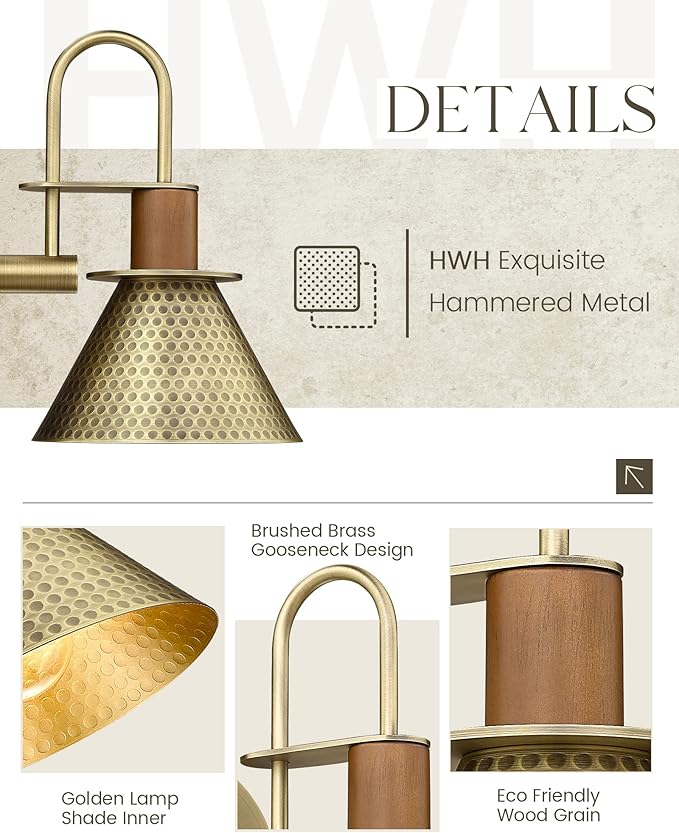 Brass Wall Sconces Set of Two, HWH Industrial Wall Light Fixtures Gooseneck Barn Light, Single Wall Lamp for Bedroom Bedside Bathroom Kitchen, Hammered Metal Shade, Antique Brass, 5HZG74B-2 BG