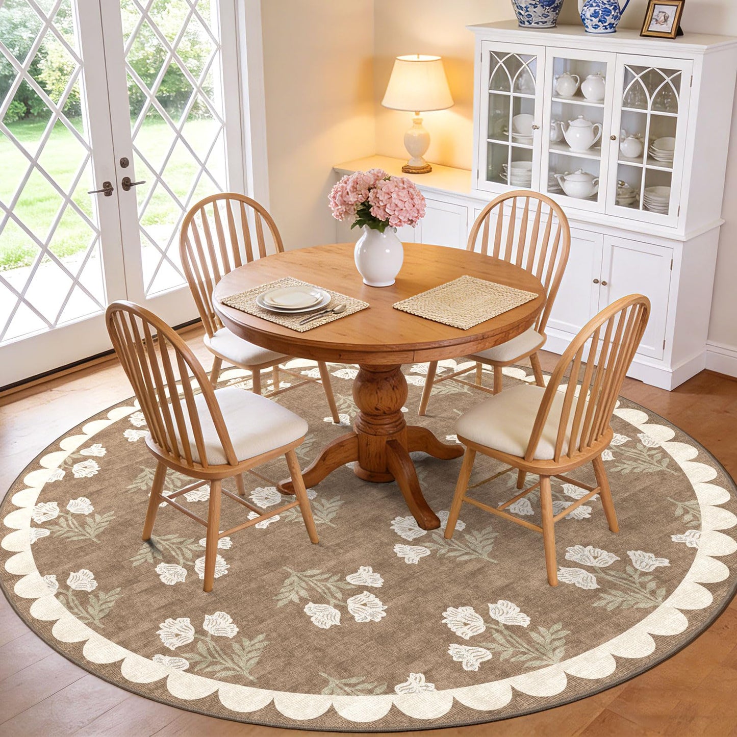 Othilic Tan 6ft Round Area Rug for Living Room - Large Washable Floral Neutral Farmhouse Scalloped Circle Rug for Bedroom Stain Resistant Dining Room Rugs for Under Round Table Carpet for Living Room