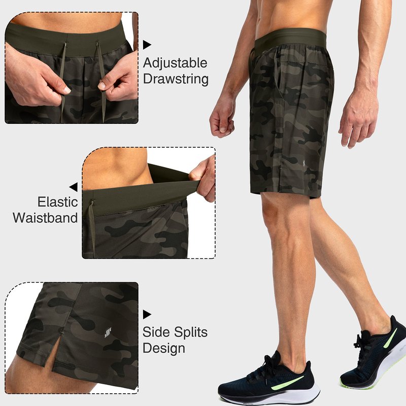 Soothfeel Men's Running Shorts with Zipper Pockets 7 Inch Lightweight Quick Dry Gym Athletic Workout Shorts for Men (Green Camo, XXL)