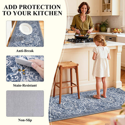 Ileading Boho Kitchen Rugs Sets 3 Piece with Runner Floral Kitchen Floor Mat Carpet Farmhouse Kitchen Rugs and Mats Non Skid Washable Runner Rug for Kitchen Floor Office Sink Laundry, Blue