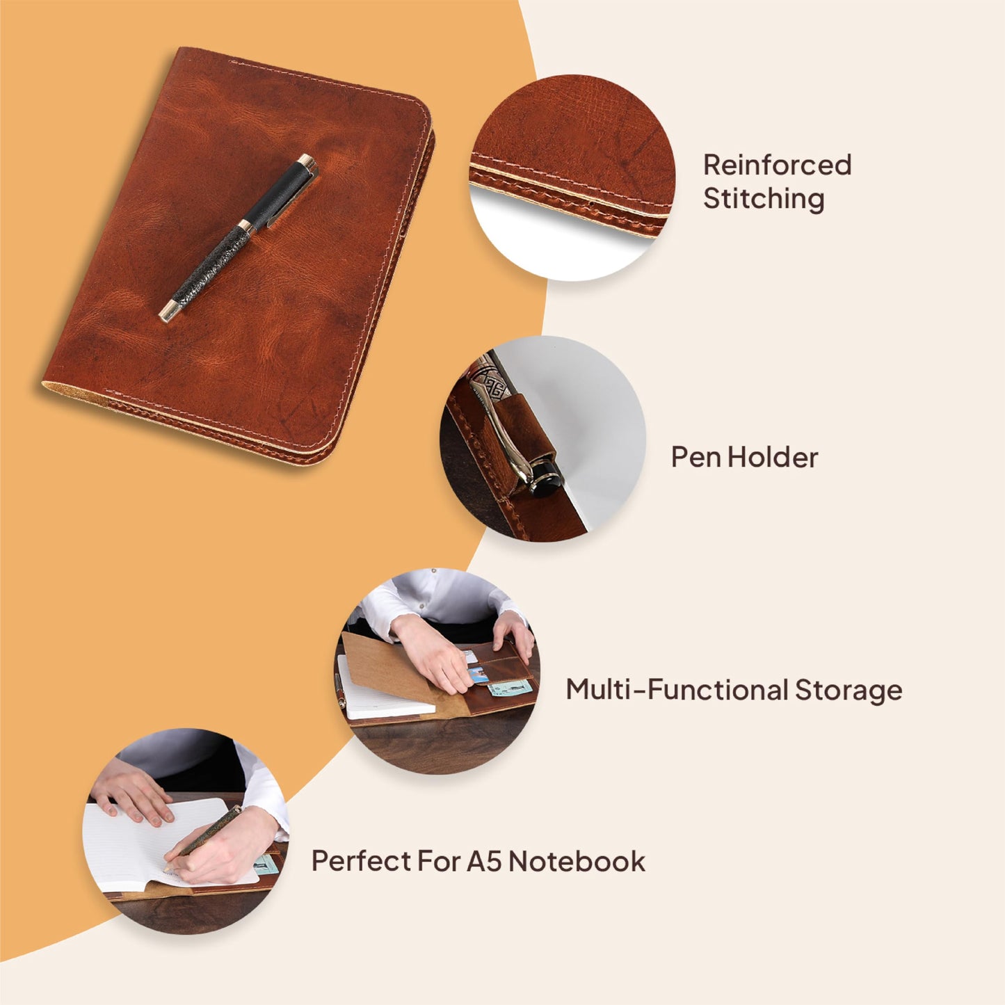 TheAntiq Genuine Leather A5 Journal Cover Refillable Notebook Cover, Fits 5.75 x 8.25 in, Card Slots Pocket & Pen Holder, Handmade Professional Leather Organizer for Men & Women, Travel & Work Diary Cover (Tan)