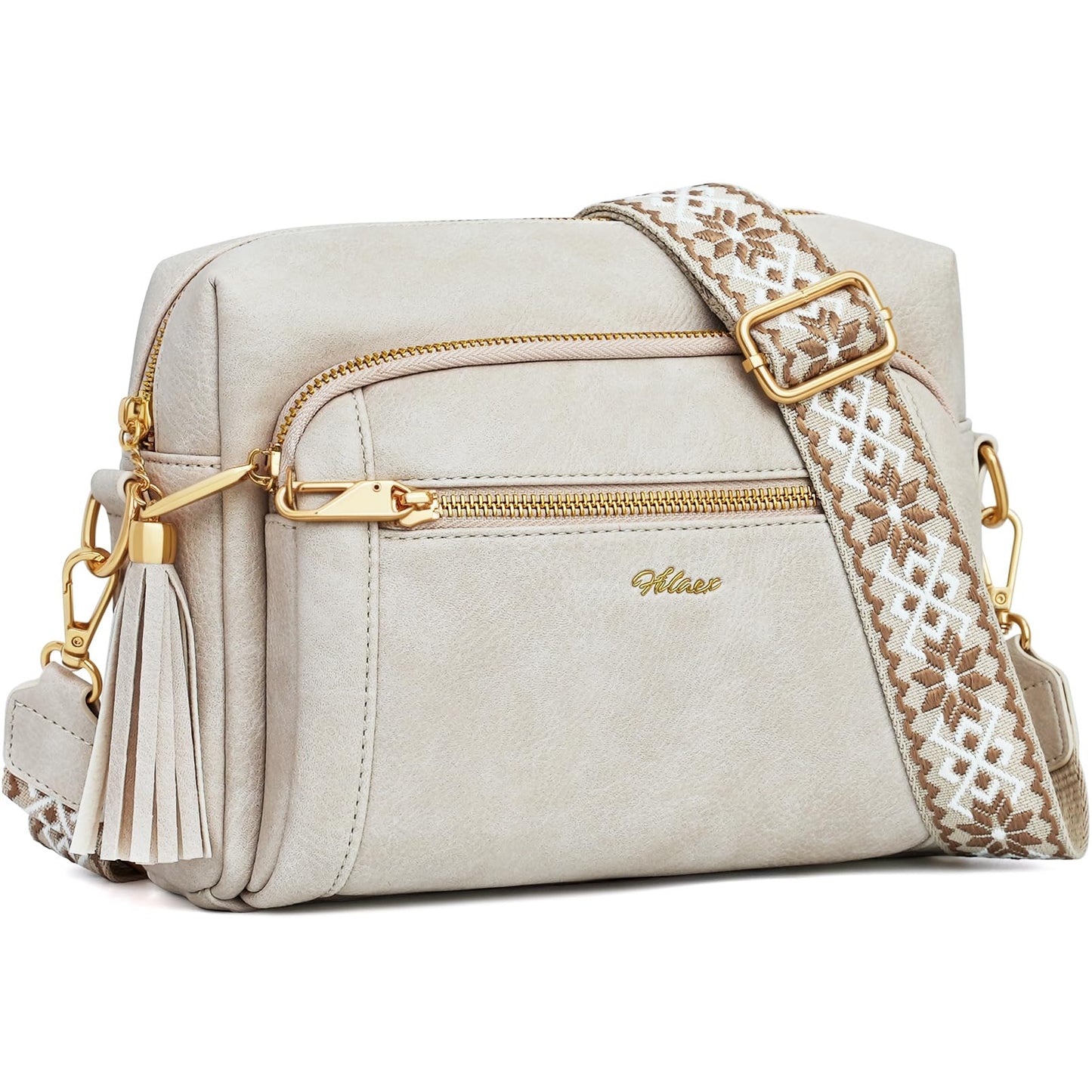 HILAEX Small Leather Crossbody Bags for Women Anti theft Purses and Handbag Shoulder Hangbag with Wide Strap Tassel Beige