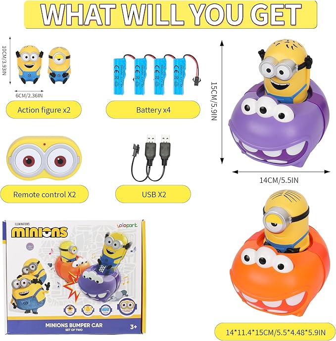 YOLOPARK Minions 2 Pack Remote Control CarDespicable Me RC Bumper Cars with Light &amp Sound Effect360° Rotating Minion Figure Bump and Eject ToysChristmas Birthday Gifts for Ages 3+ Year Old