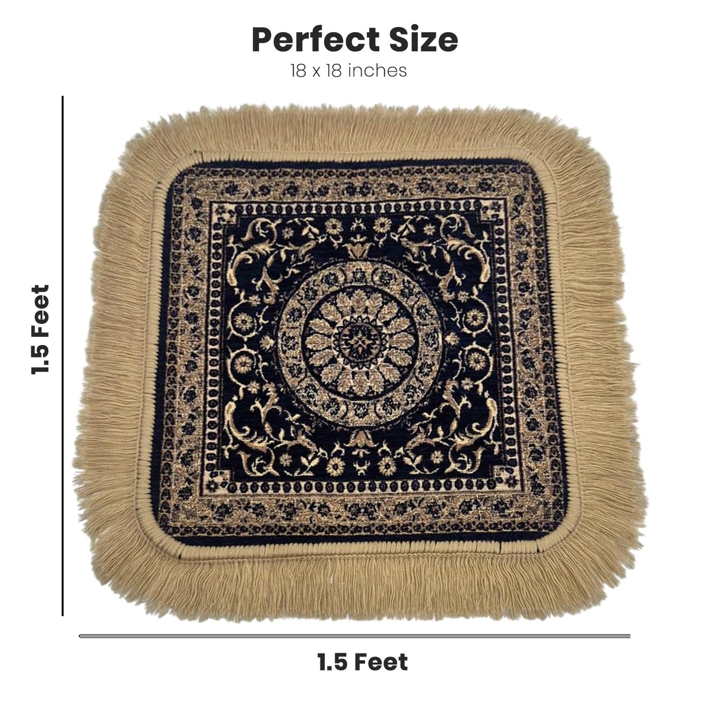 Moin Carpets Soft Chenille Prayer Mat | 1.5x1.5 Feet Traditional Mandala Floral Pooja Aasan with Golden Fringes | Multipurpose Rug for Meditation, Yoga, Puja Room & Home (Pack of 2, Navy Blue)