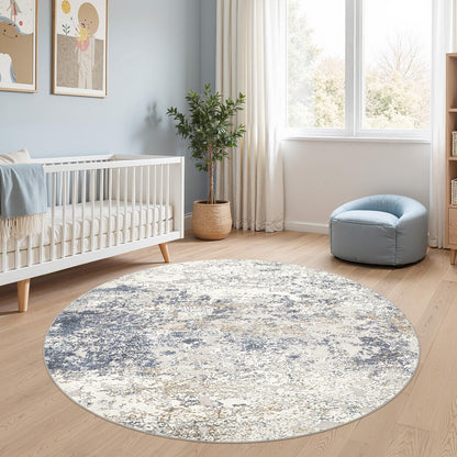 DMOYEST 5ft Round Area Rug Living Room Rugs - 5x5 Washable Large Soft Indoor Neutral Modern Abstract Low Pile Rug Carpet for Bedroom Dining Room Farmhouse Home Office - Beige Blue