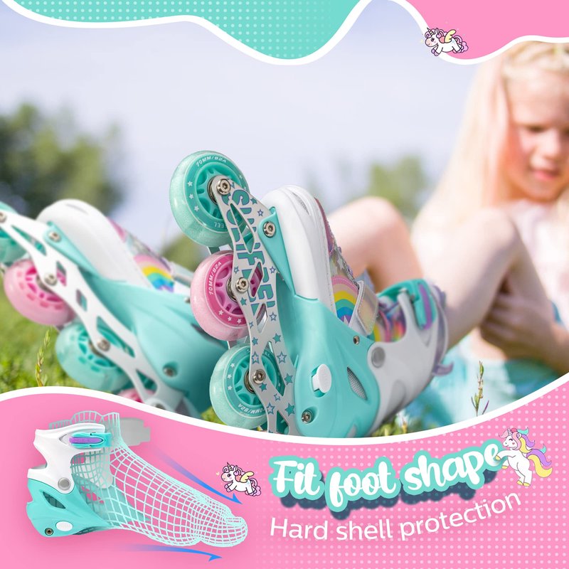 SULIFEEL Rainbow Unicorn Adjustable Inline Skates for Girls Boys and Kids with All Illuminating PU Wheels for Outdoor and Indoor Beginner Skates Medium