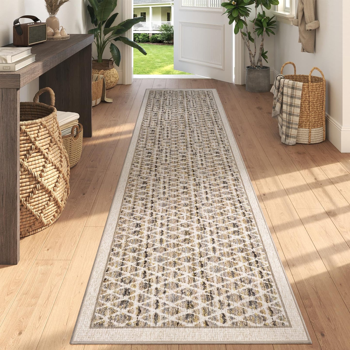 Hallway Runner Rug 2x8 Washable Non Slip, Kitchen Runner Rug & Long Indoor Runner Carpet for Entryway Laundry Room Bedroom, Vintage Low Pile Area Rug (2'x8', Beige)