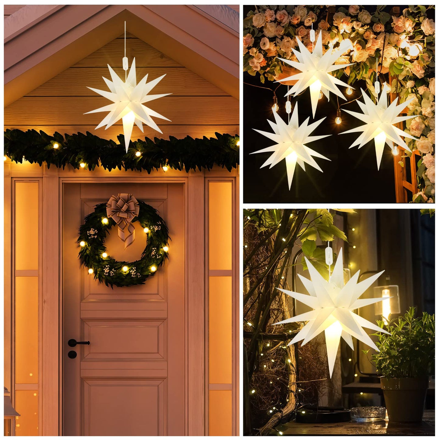 Kingdder 3 Pieces Moravian Star Light LED 3D Star Hanging Light Powered by Battery with Timer Function White Porch Lantern Holiday Decor for Indoor Outdoor Christmas Tree Balcony Courtyard (18 Inch)