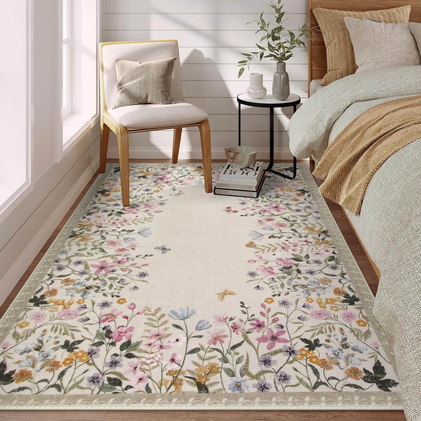 Wonnitar 4x6 Washable Area Rug, Boho Floral Bedroom Rug, Botanical Carpet for Nursery, Beige Non Slip Office Rug, Farmhouse Kitchen Kids Playroom Decor (4x6 Beige)