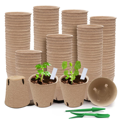 Baxrou 120 Pack 3.15 Inch Peat Pots Plant Starters for Seedling, Herb Seed Starter Pots Kits, Garden Germination Nursery Pot wit 30 Plant Labels, 2 Transplant Tools.
