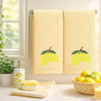 2 Pcs Lemon Hand Towels Lemon Yellow Bathroom Decor 14x29 Inch Embroidered 100%