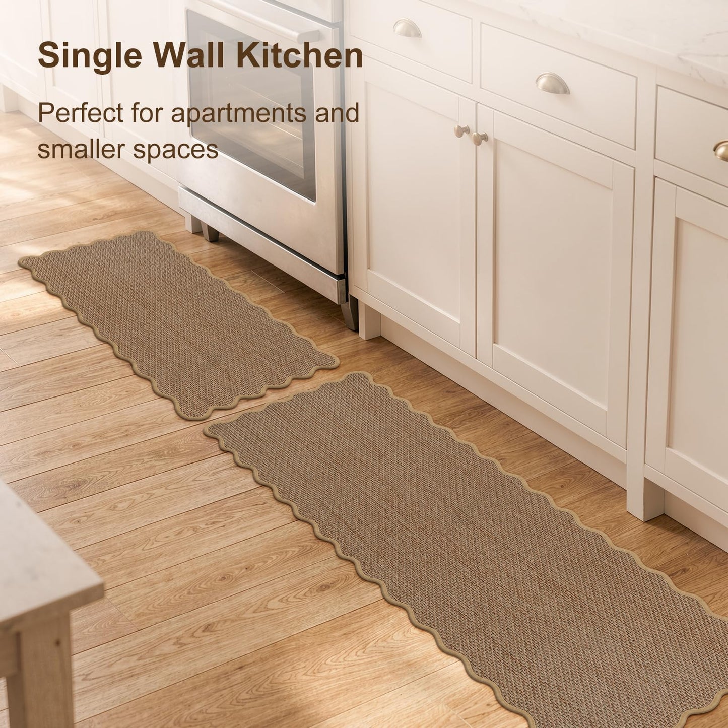 KIMODE Kitchen Rugs and Mats Set of 2,Scalloped Kitchen Mats for Floor,Non Slip Washable Farmhouse Kitchen Runner Rug,Absorbent Braided Kitchen Sink Mats for Kitchen Decor,17"x29"+17"x47",Brown