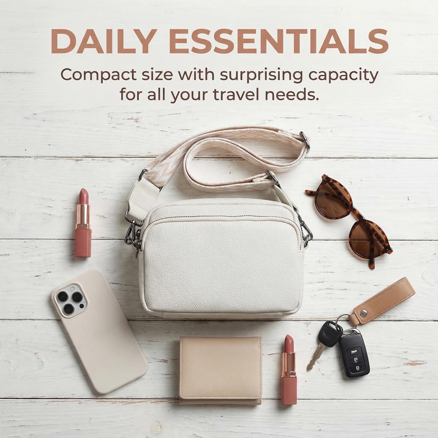 Perphy Crossbody Bags for Women 5 Pockets Shoulder Handbags with Wide Strap 7.9 * 2.4 * 5.9 inches Beige