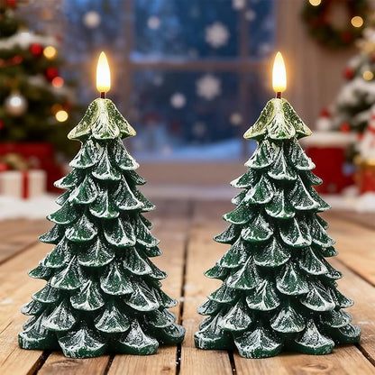 Christmas Tree Flameless Candles with 6H Timer, 2 Pcs Battery Operated LED Pillar Candle with Flickering 3D Wick, White Flocked Decoration Green Candles for Home Décor Christmas Gifts