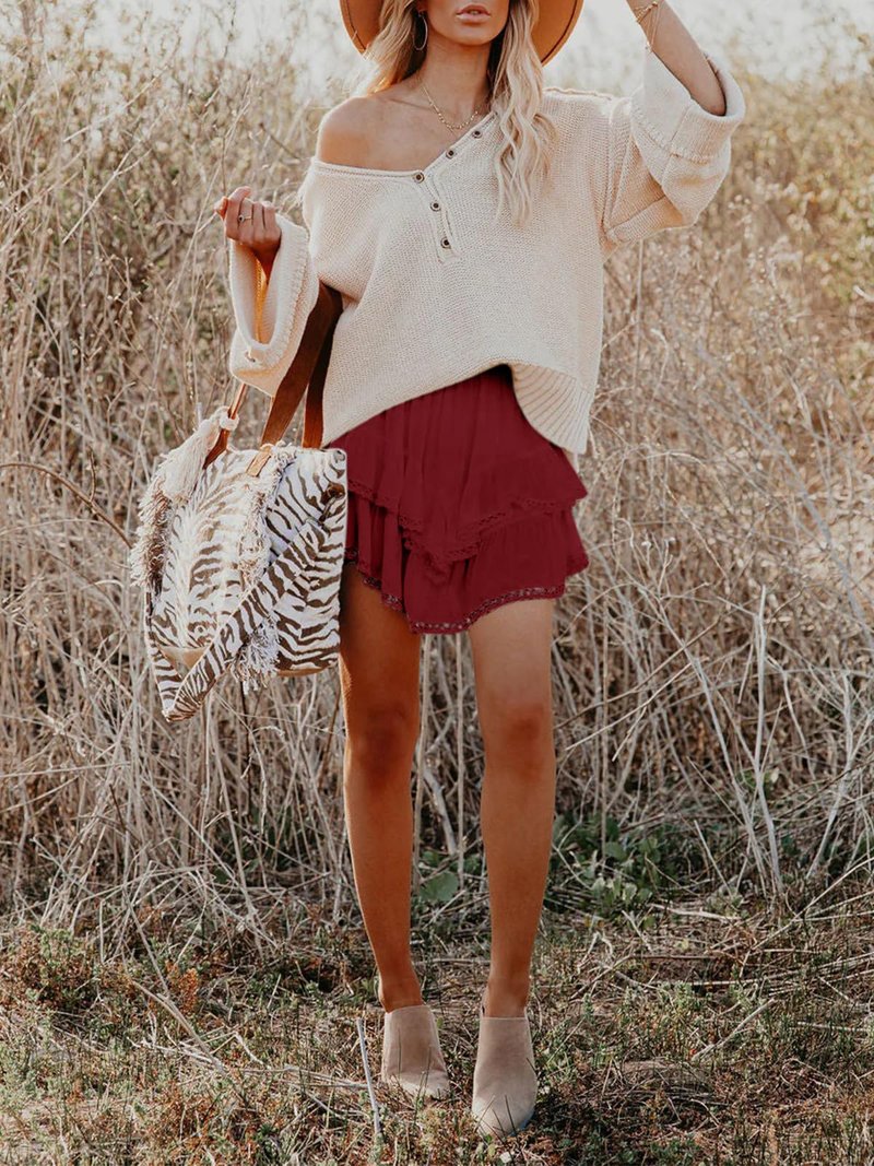 Aoudery Flowy Shorts for Women Casual Boho Ruffle Tiered Skorts High Waist Mini Skirts Golf Tennis Butterfly Crochet Shorts - Red 2XL