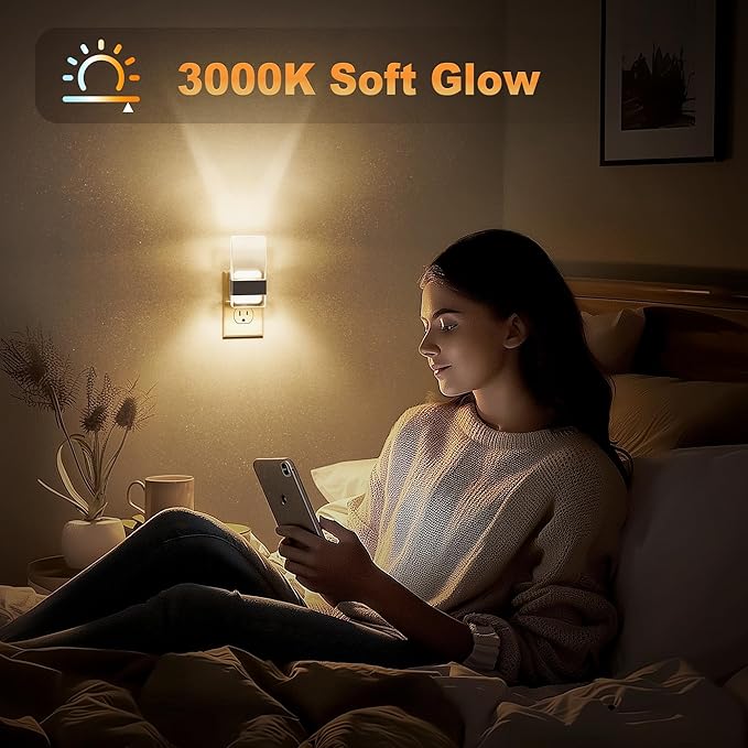 JandCase Night Lights Plug into Wall, Dusk to Dawn Sensor, 3000K Soft White LED, Acrylic Design, 0-100lm Adjustable Brightness, for Bedroom, Bathroom, Living Room, Hallway