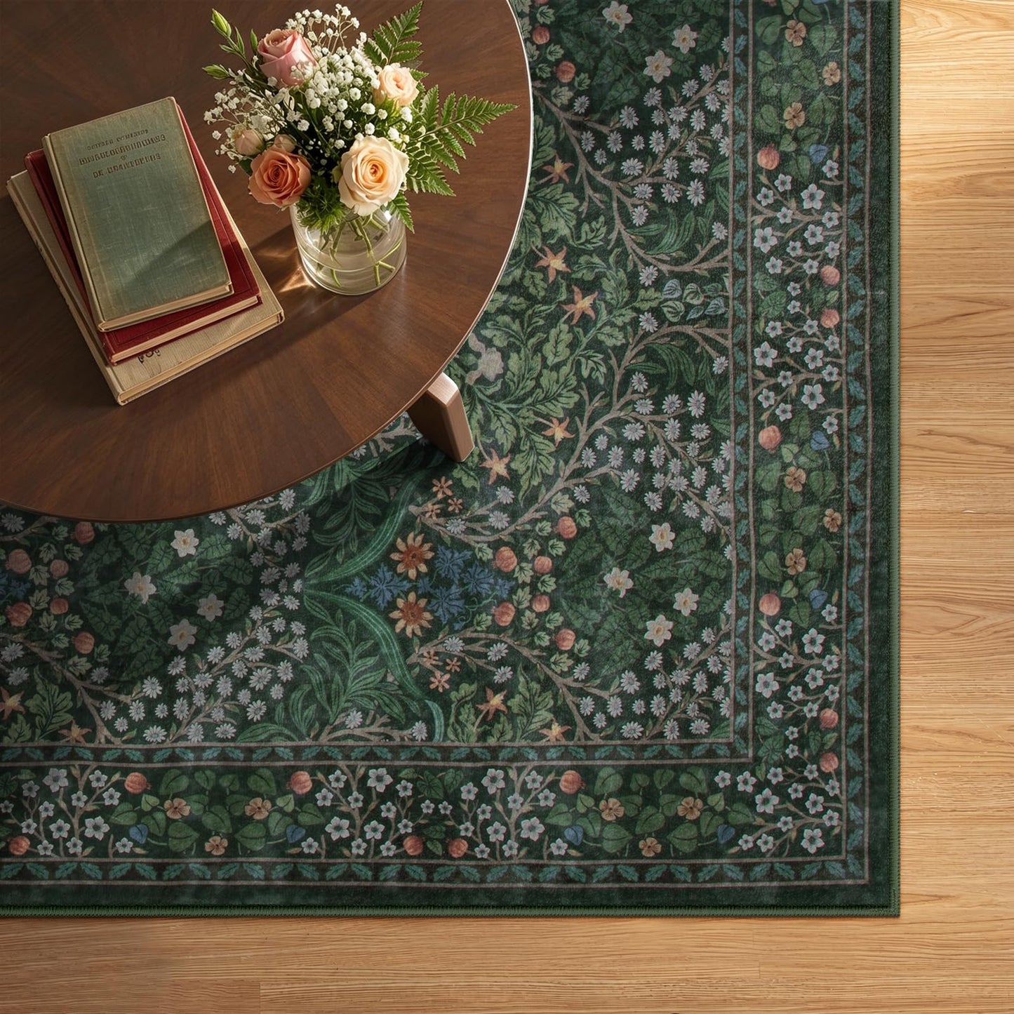 Lahome Dark Green Area Rugs 8x10, Soft 8x10 Washable Rugs for Living Room Dining Room, Boho Floral Non-Slip Forest Large Throw Carpet for Farmhouse Bedroom Office, Dark Green
